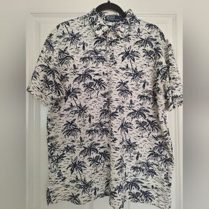 Polo by Ralph Lauren Men Shirt L Camp Shirt Hawaiian Black White Cotton Pull On